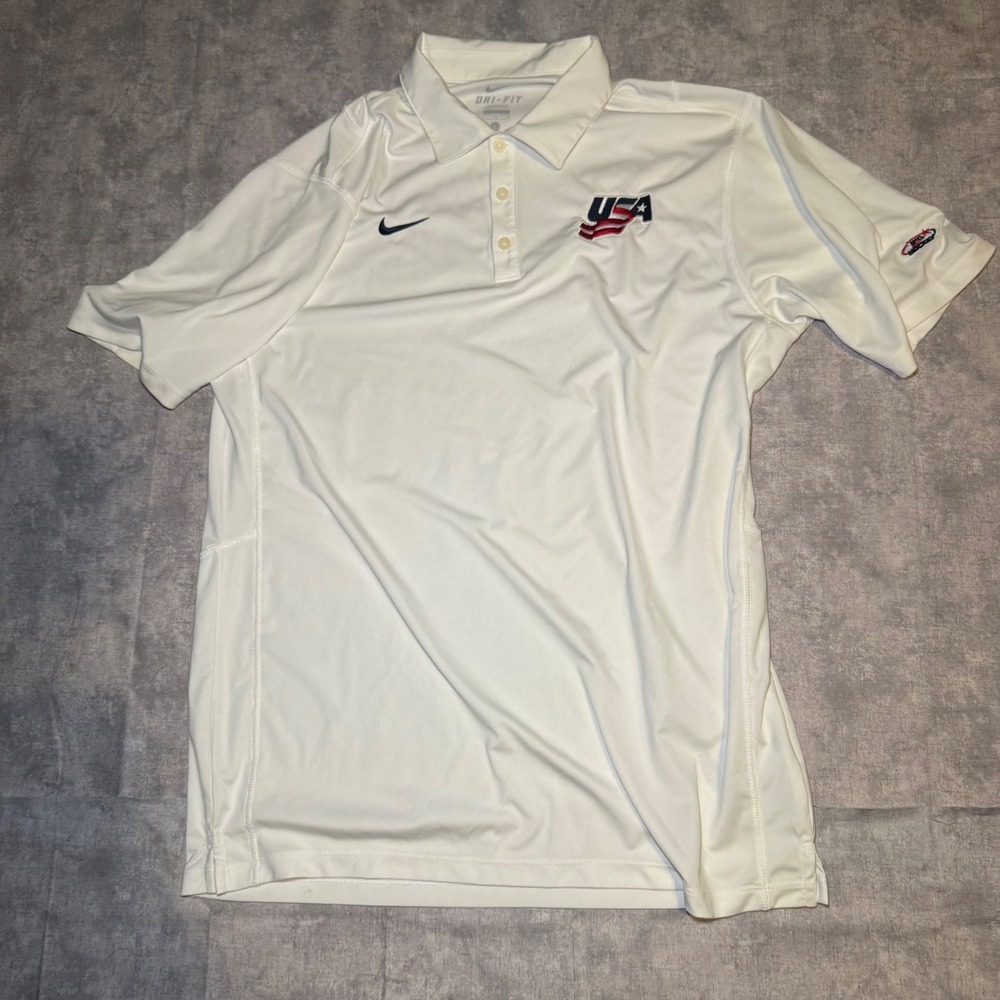 Nike Dri-FIT USA Hockey Polo Shirt Mens Large White Short Sleeve Athletic Golf